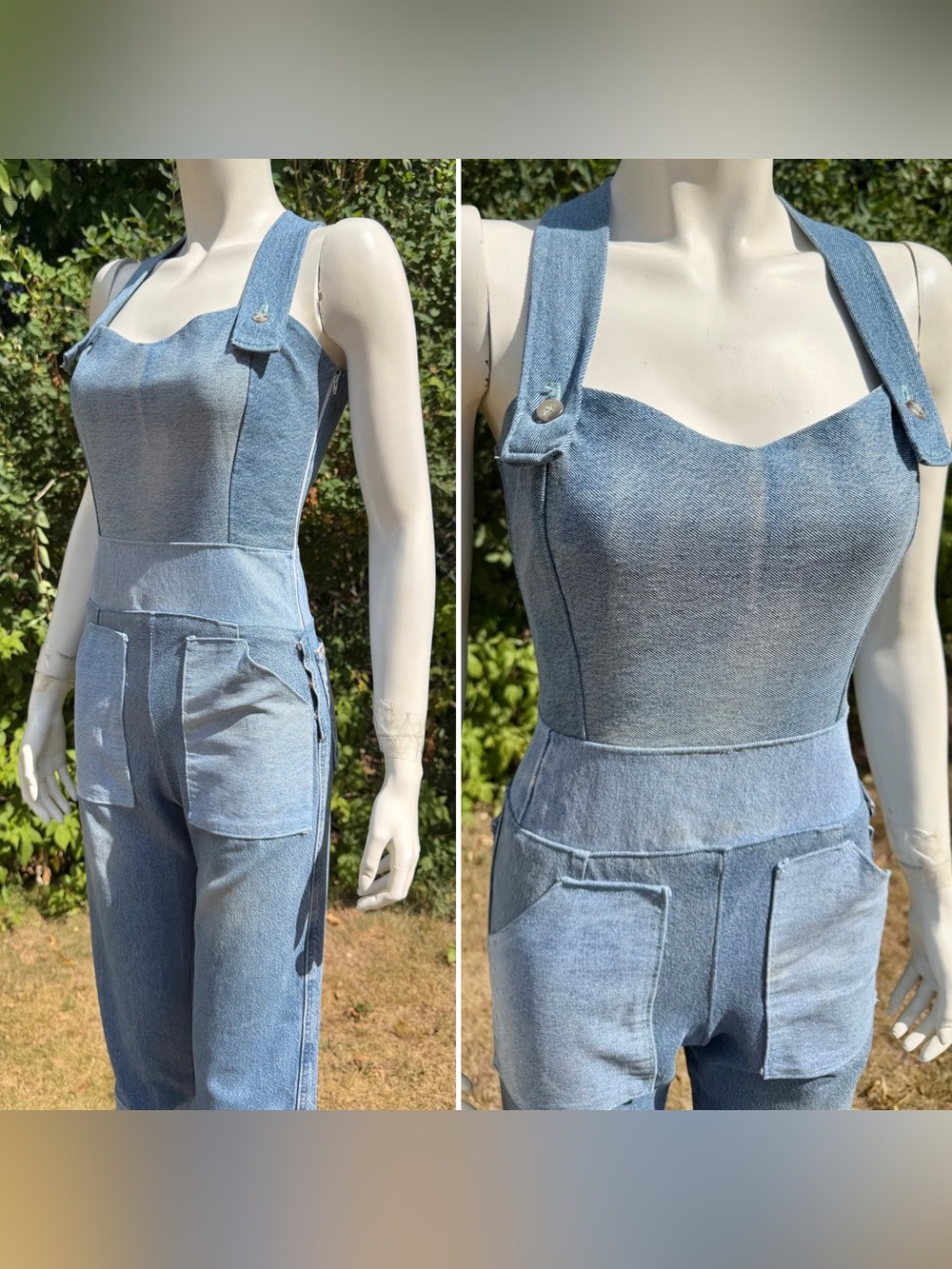 Vintage DENIM JUMPSUIT Patchwork 1980s 90s does 1940s Bib Overalls Distressed XS